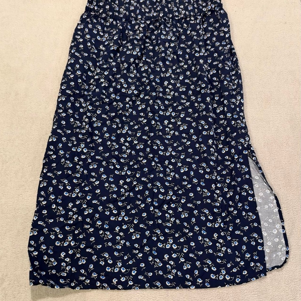 Gap Navy Blue Floral Midi Skirt Elastic Waist Side Slit Womens Size M